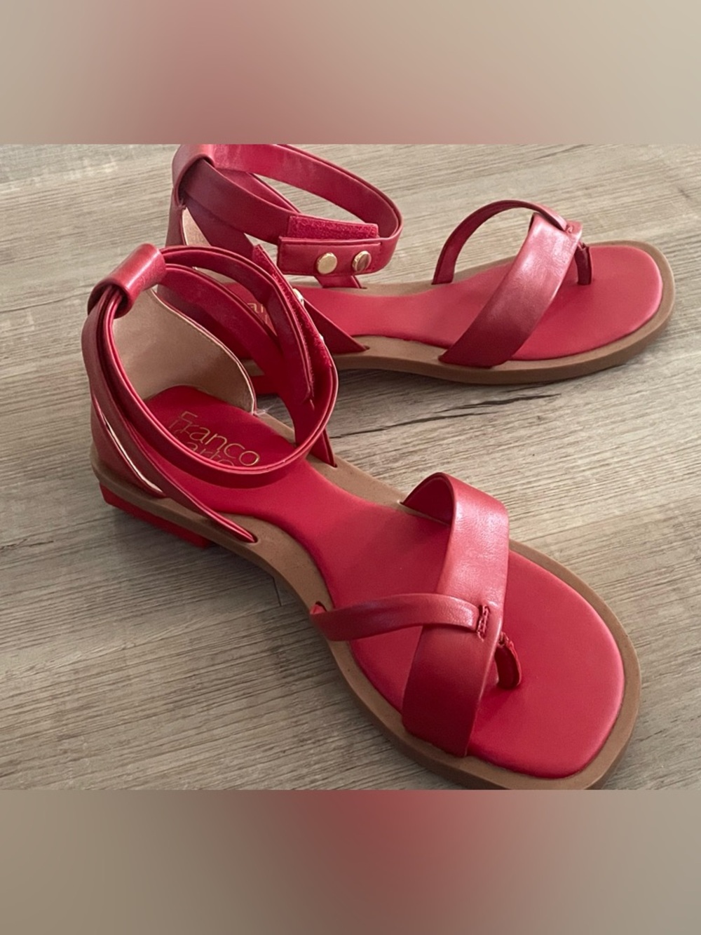Franco Sarto Red Leather Strappy Ankle-Wrap Sandals